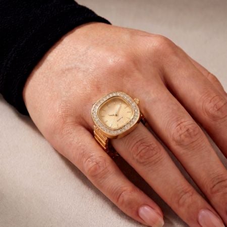 Handmade Stainless Steel 18K Gold Dial Ring Watch